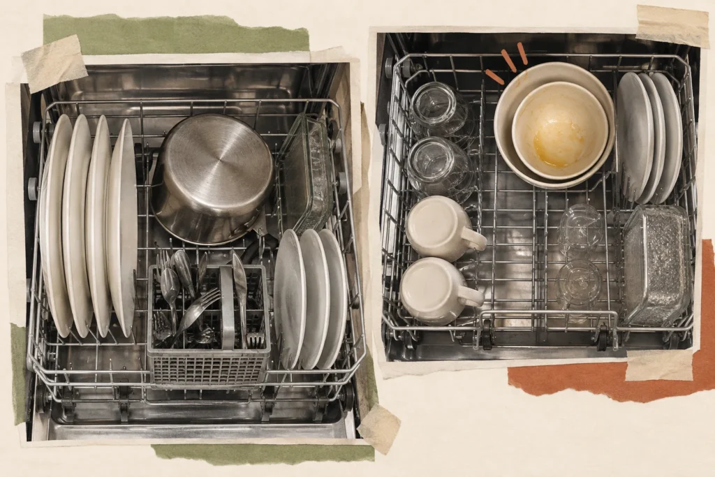 Open dishwasher with greasy bowls highlighted among otherwise unmarked dishes.