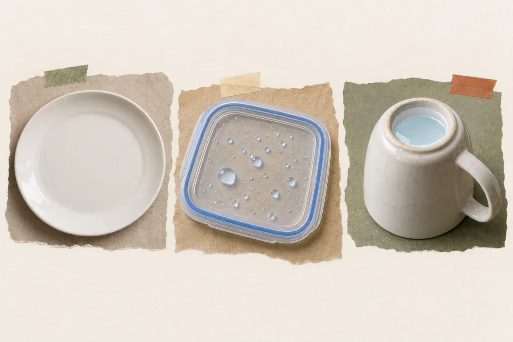 A dry ceramic plate beside a plastic lid with droplets and an inverted mug holding water in its recessed base.