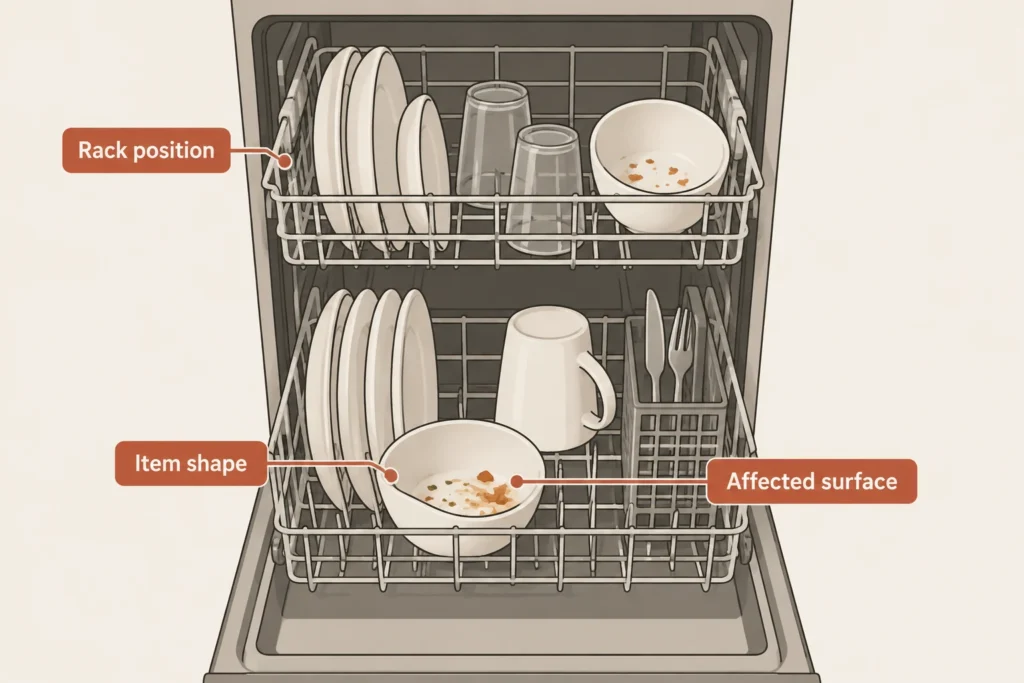 Dishwasher rack schematic highlights the position, shape, and food-covered surface of affected bowls.