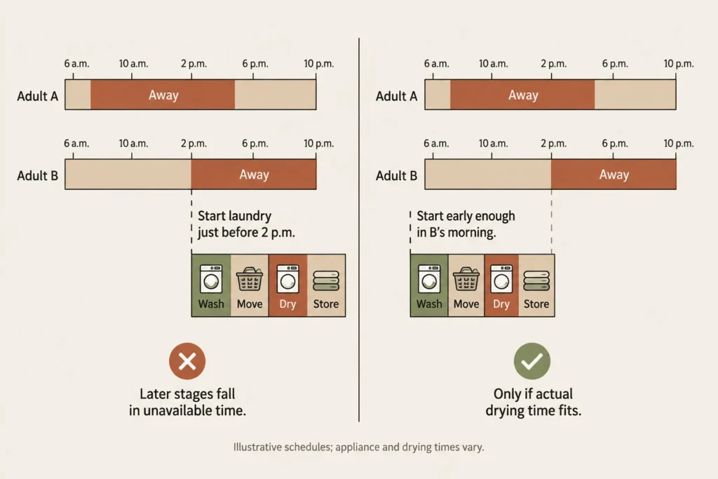 Laundry timelines contrast an uncovered finishing stage with a complete morning route before Adult B leaves for work.