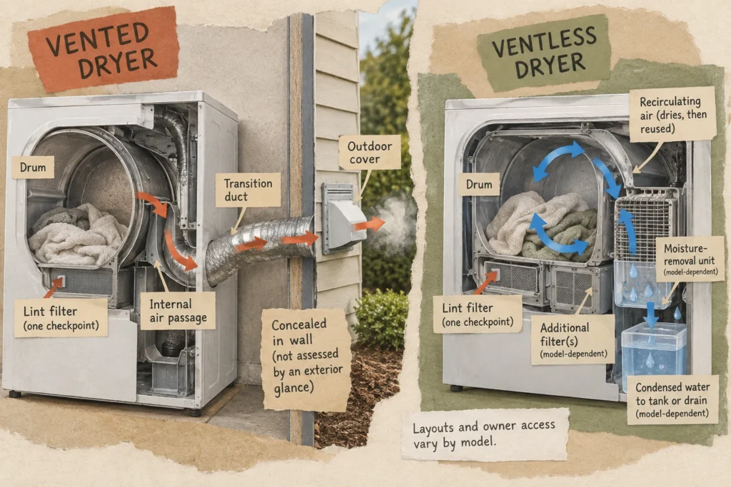 A vented dryer sends moist air outdoors, while a ventless dryer collects water and recirculates air.