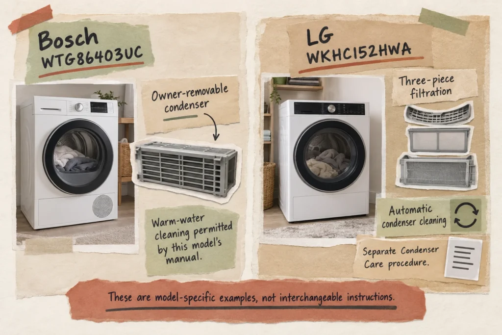 Bosch WTG86403UC permits removable-condenser cleaning; LG WKHC152HWA uses three-piece filtration and automatic condenser cleaning.