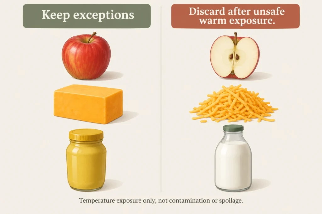 Whole apples, hard cheddar, and mustard contrasted with cut apples, shredded cheddar, and milk after unsafe warm exposure.