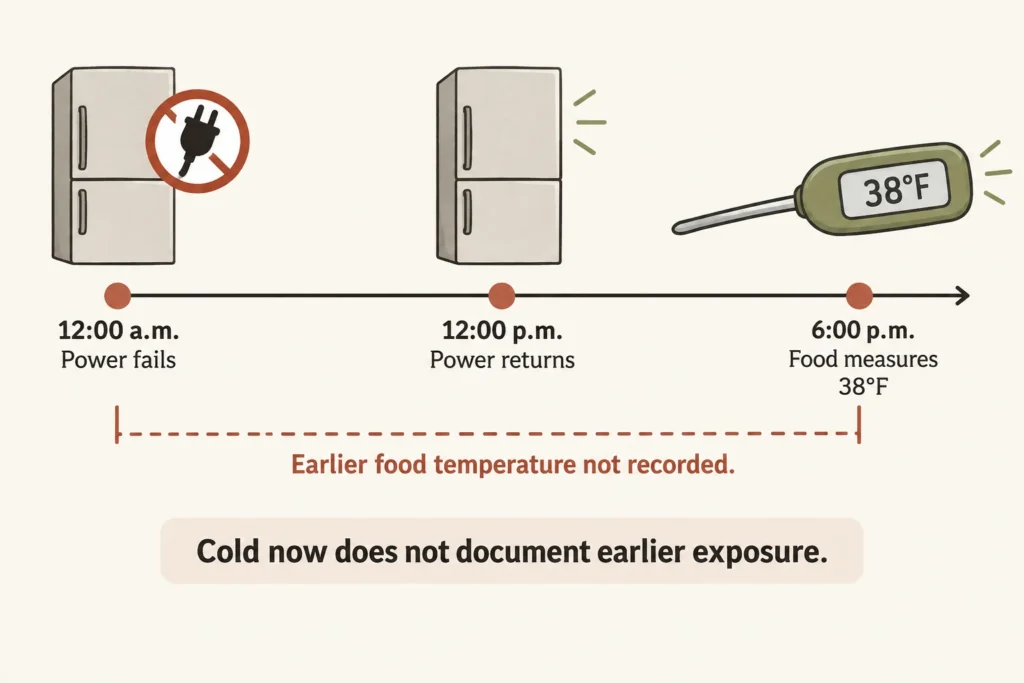 Hypothetical timeline showing a 38°F reading six hours after power returns, with earlier food temperatures marked unknown.