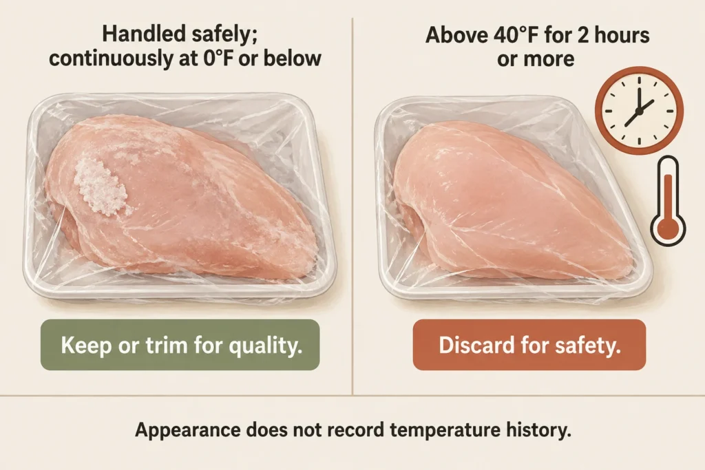 Chicken with freezer burn and safe storage can be kept or trimmed, while chicken above 40°F for two hours or more must be discarded regardless of appearance.