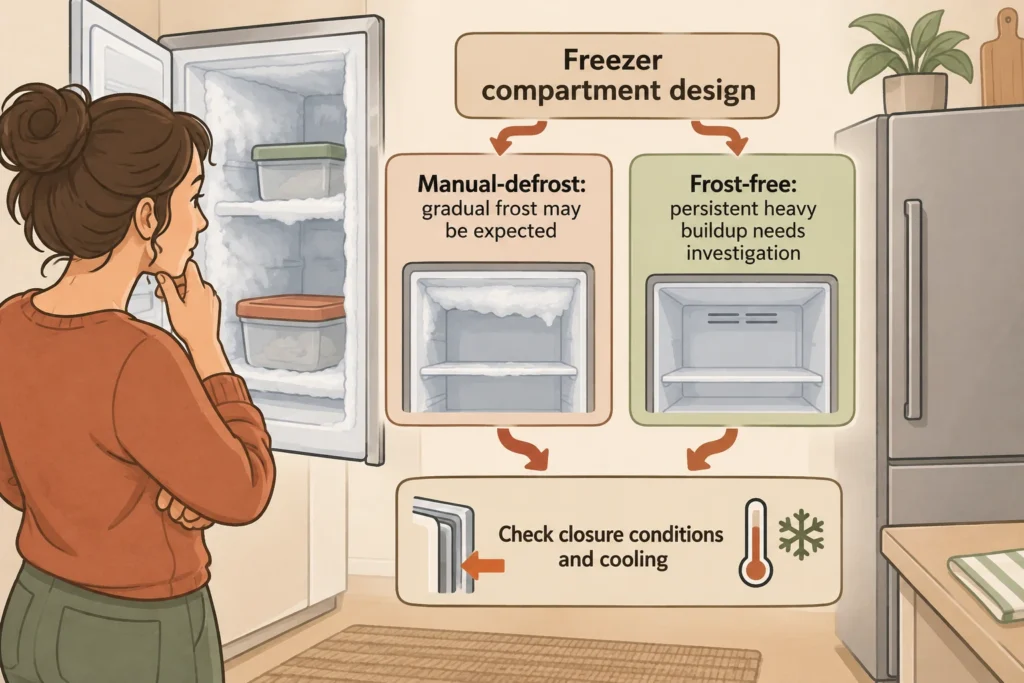 Diagram showing how manual-defrost and frost-free designs change the interpretation of freezer frost.