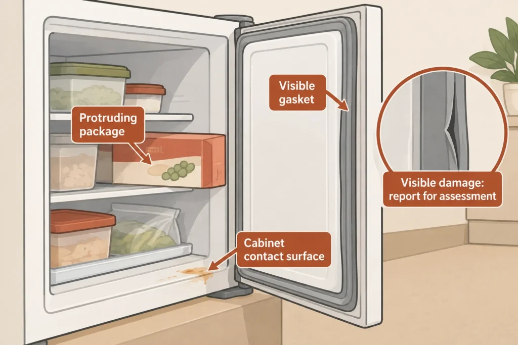 Freezer closure diagram identifying an obstructing package, the visible gasket, and its cabinet contact surface.
