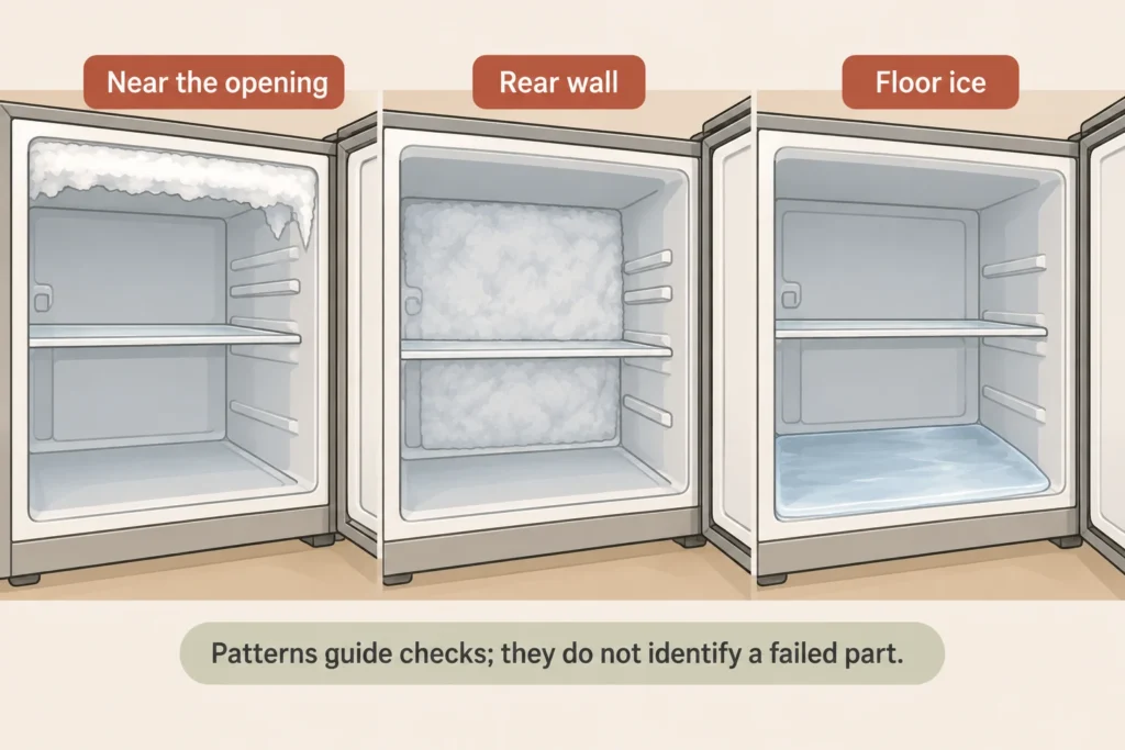 Three freezer views showing frost near the opening, rear-wall frost, and a solid floor ice sheet.