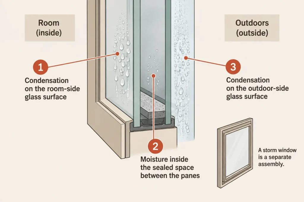 Double-pane window cross-section showing room-side, exterior, and sealed-cavity moisture locations.