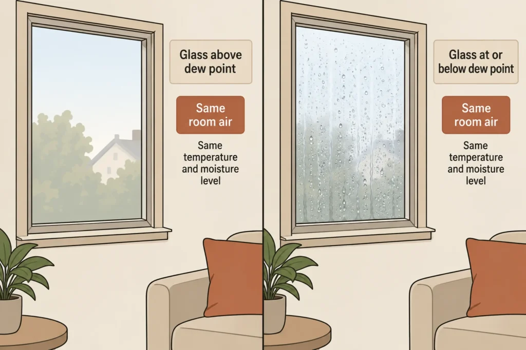 Comparison showing dry warmer glass and wet colder glass under the same indoor air conditions.