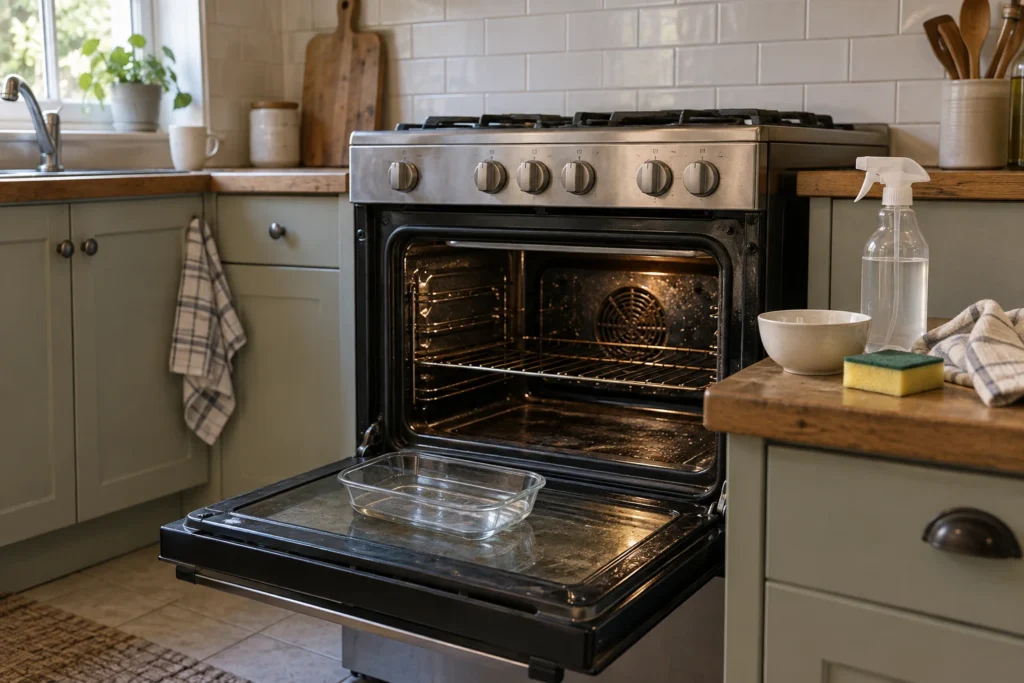 Model-first oven-cleaning choice diagram showing hand cleaning, steam clean, and high-temperature self-clean as conditional options.