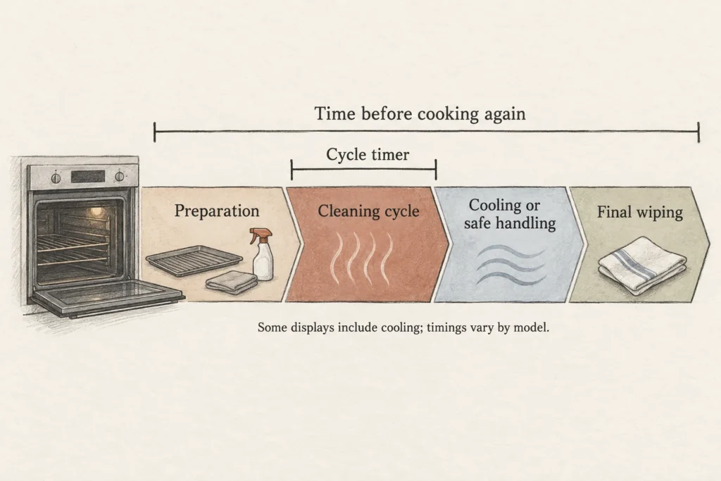 Timeline showing preparation, the cleaning cycle, cooling, and final wiping as parts of total oven downtime.