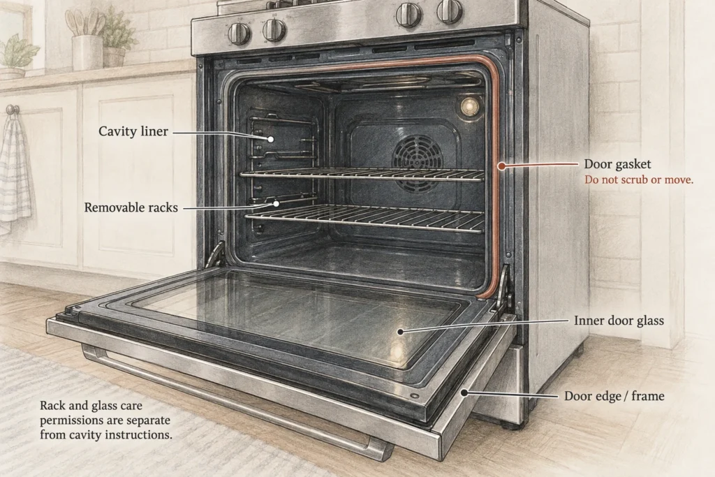 Diagram identifying the oven cavity, racks, inner door glass, gasket, and door-edge area as separate cleaning zones.