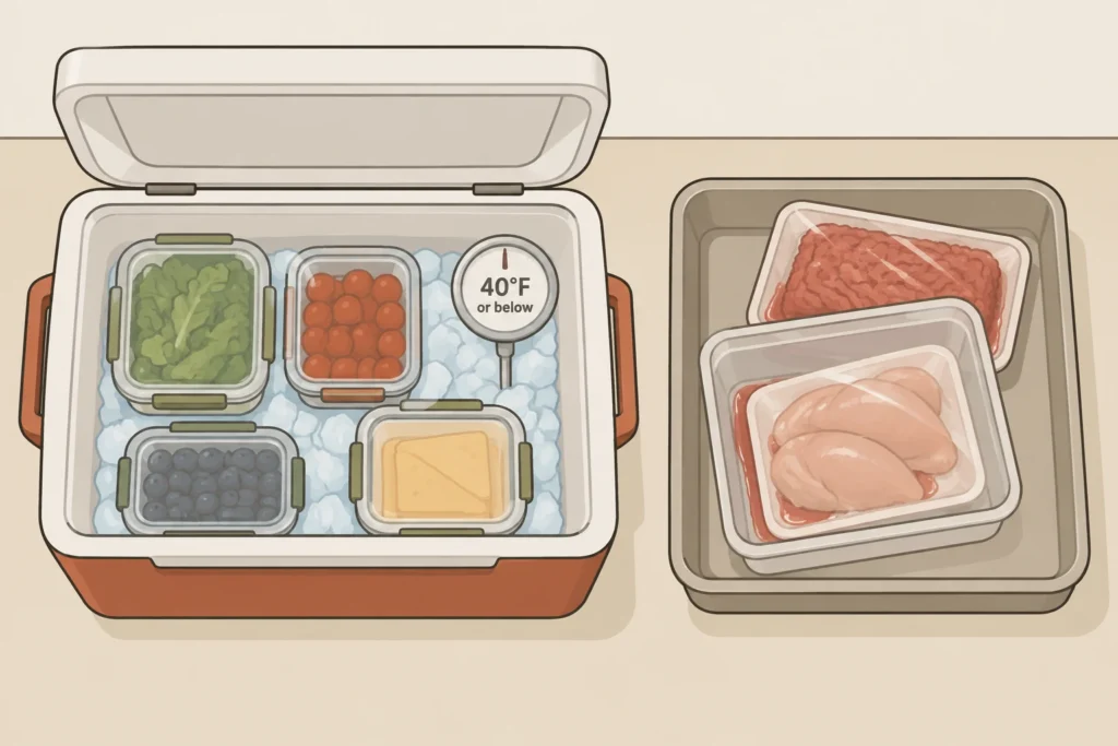 Separate staging areas for untouched food in an iced cooler and potentially contaminated packages in a washable tray.