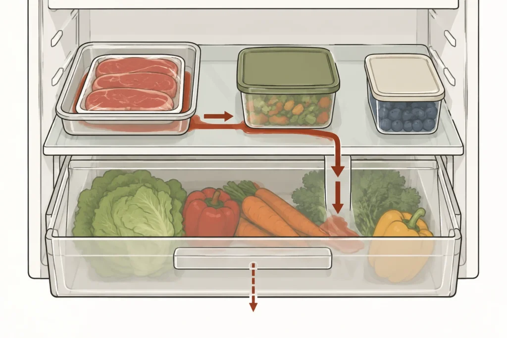 Raw-meat spill path reaching a container base, shelf edge, and drawer below, with another container outside the path.