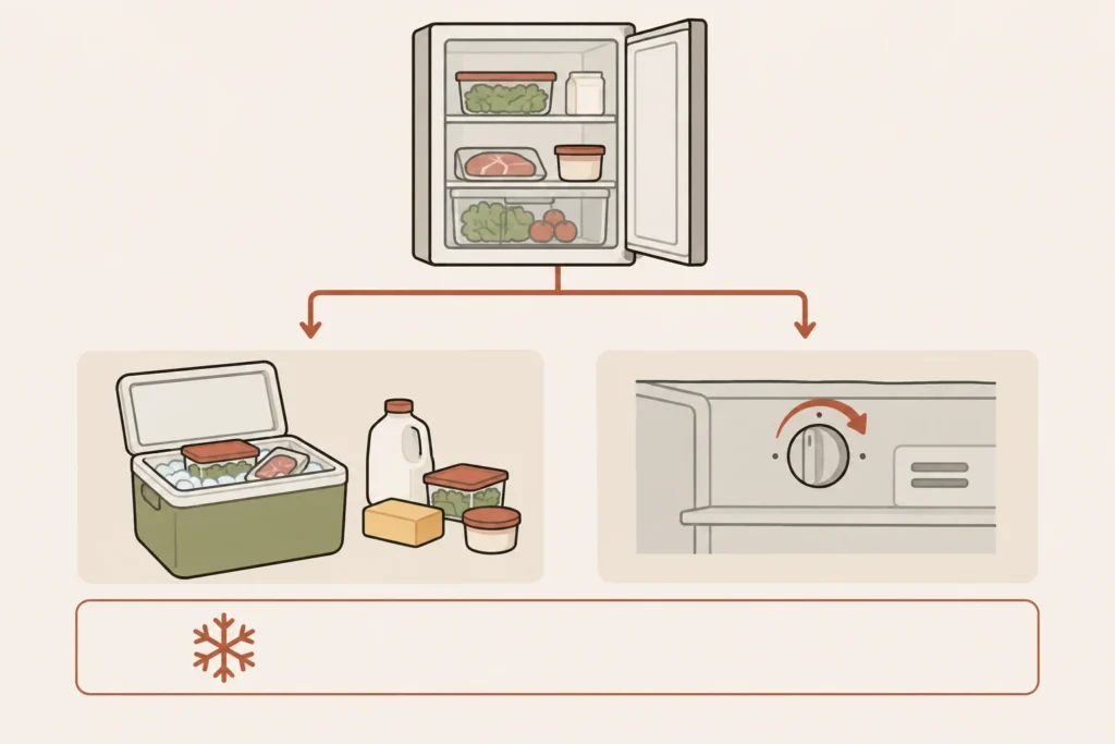 Parallel decisions for protecting perishable food immediately and checking refrigerator operation separately.