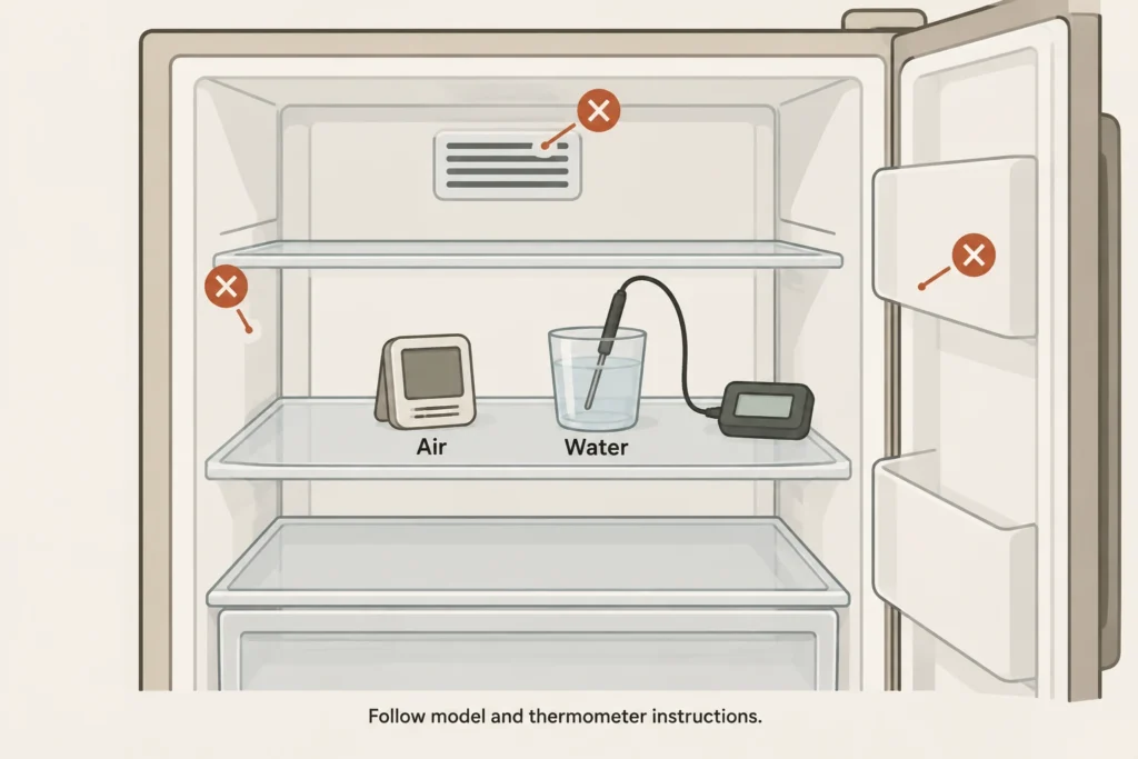 Air thermometer and liquid-compatible water probe near the center of a refrigerator, with the electronic display kept dry.