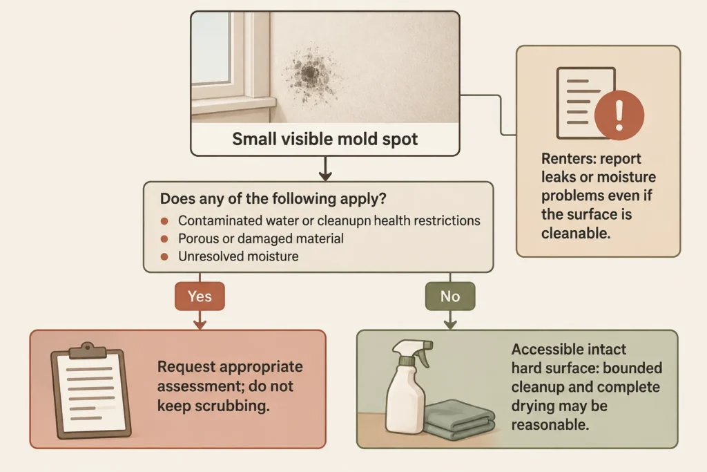 Small mold spot decision diagram showing how water history, health, material condition, and unresolved moisture affect the response.