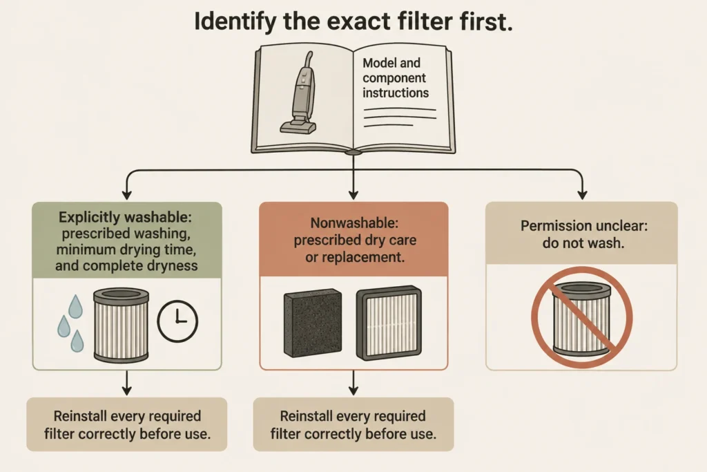 Filter-care decision diagram separating explicitly washable filters from nonwashable filters.