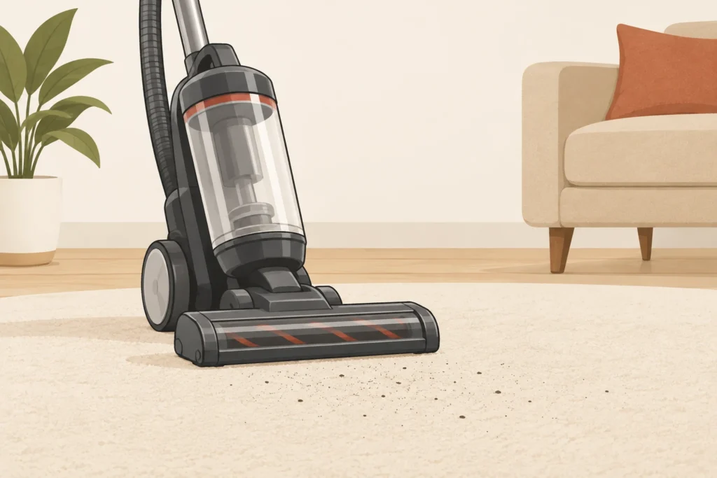 Simplified vacuum diagram showing brush action and airflow check locations outside an empty bin.