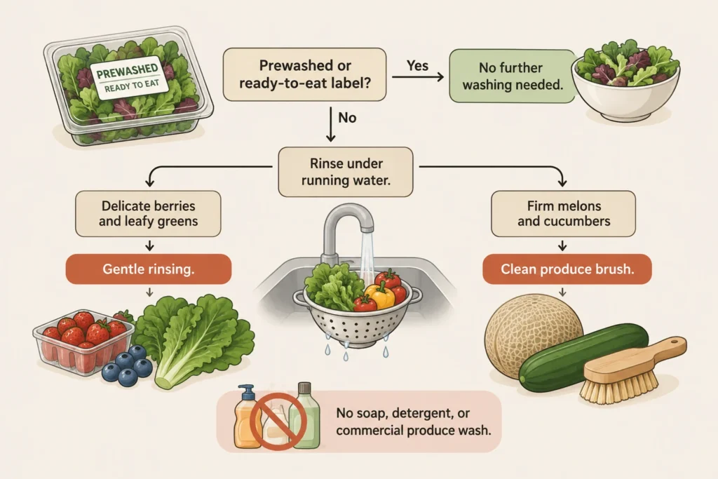 Produce washing decisions based on prewashed labeling and firm versus delicate texture.