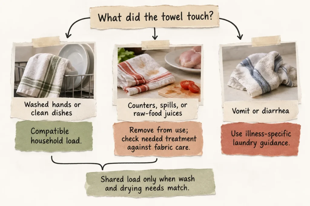 Sorting diagram separates ordinary drying towels from cleanup cloths and illness-contaminated laundry, then checks treatment and fabric compatibility.