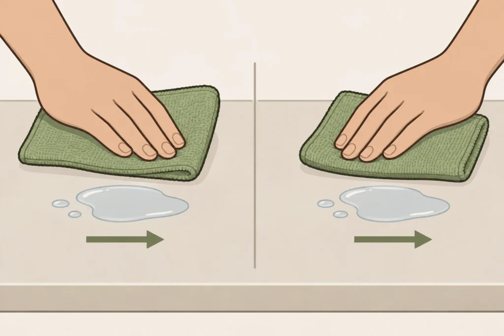 Equal water puddles and two dry cloths of the same type arranged for a matched absorption comparison.