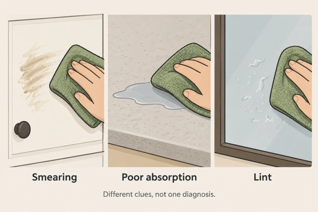 Three microfiber performance problems: smearing grease, pushing water, and leaving lint.