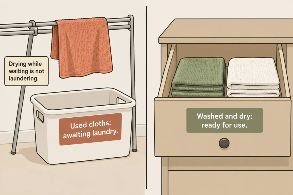 Separate areas for ordinary used cloths drying before laundry and washed dry cloths ready for reuse.
