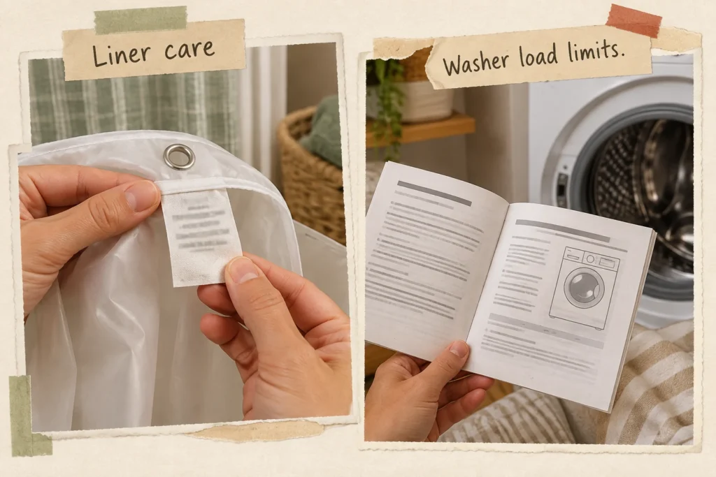 Shower curtain liner care tag beside washer instructions, showing the two checks needed before machine washing.