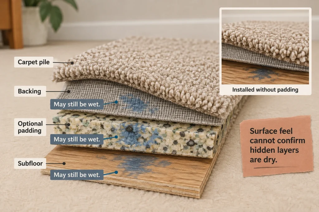 Carpet cross-section showing potentially wet backing, padding, and subfloor beneath an apparently dry pile.