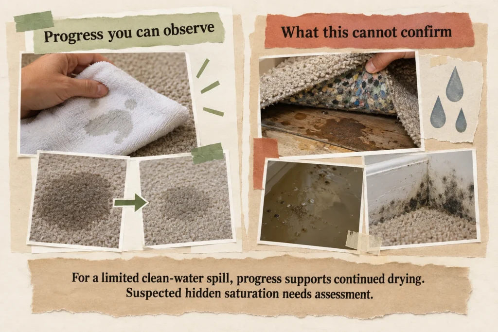 Comparison showing that less towel transfer and a shrinking damp patch indicate progress but cannot confirm hidden-layer dryness or absence of contamination.