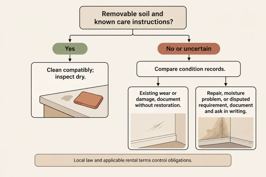 Move-out decision diagram separating safe cleaning from documentation and repair questions.