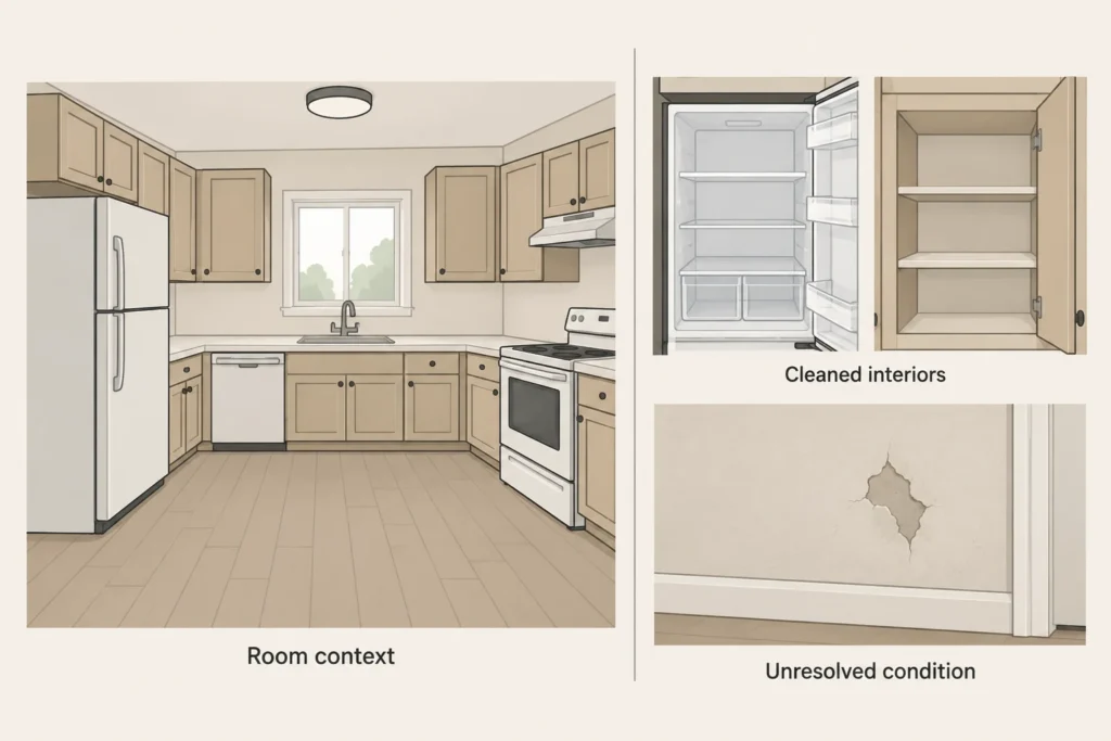 Diagram pairing a room-wide move-out photo with close-ups of empty interiors and an unresolved wall defect.