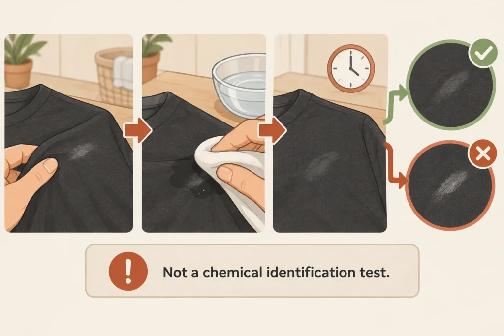 Diagram showing a care-compatible water check followed by drying and comparing the marked area.