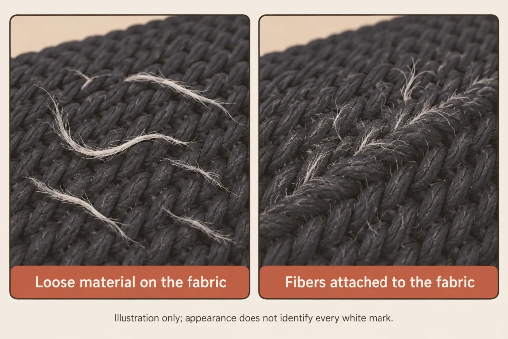 Illustration comparing loose pale fibers resting on dark fabric with raised fibers attached to worn yarns.