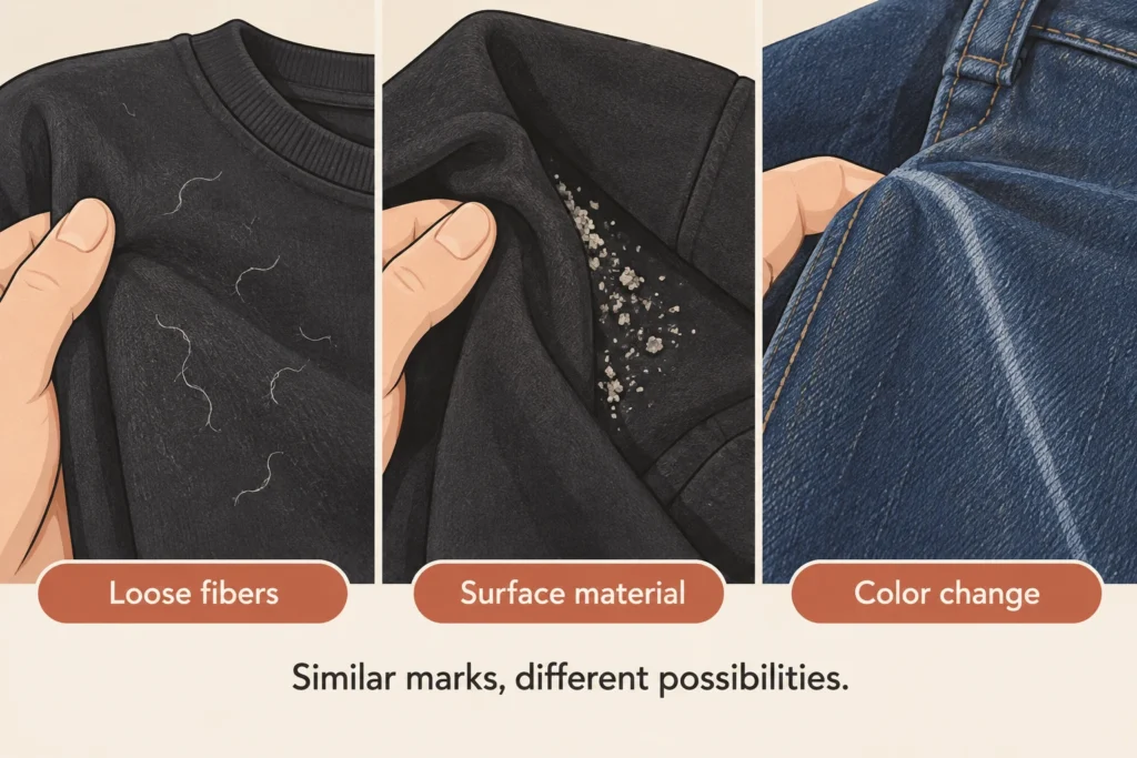 Three illustrated pale marks on dark clothing: loose fibers, surface material in a fold, and a faded denim crease.