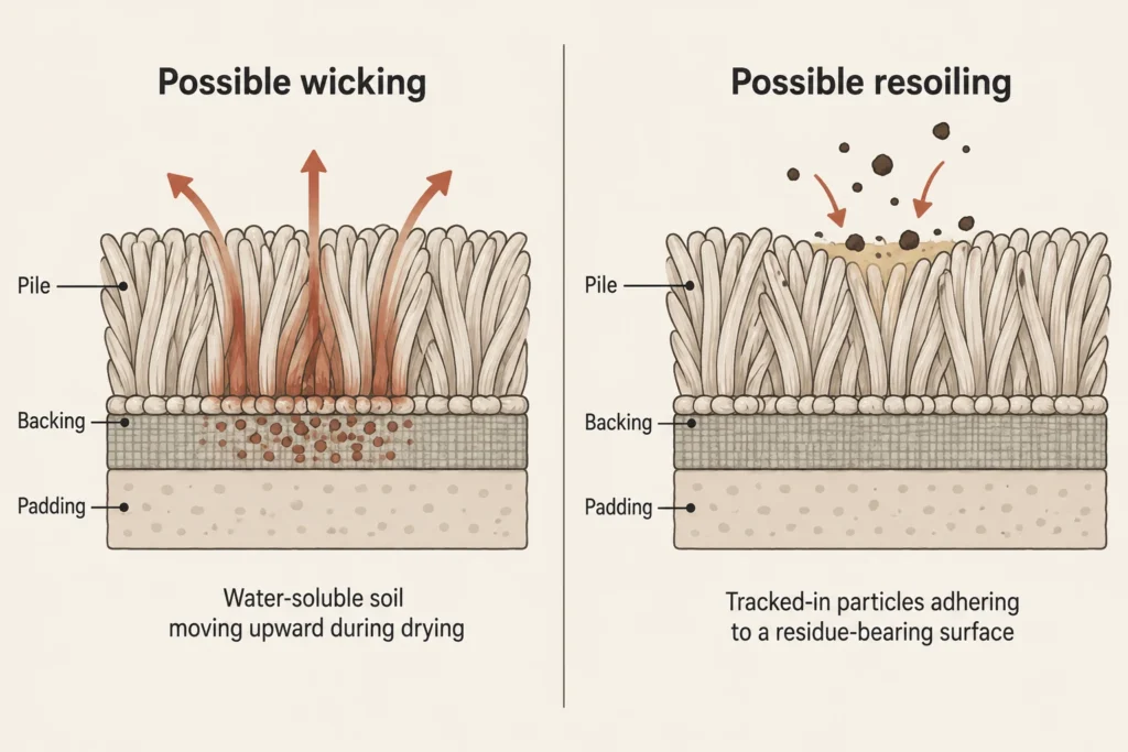 Possible wicking from lower carpet layers compared with new dirt collecting on surface residue.
