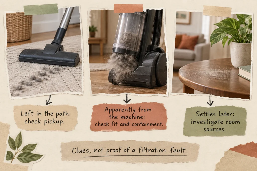 Three dust patterns: debris left behind the floorhead, dust apparently from the vacuum, and dust settling later on furniture.