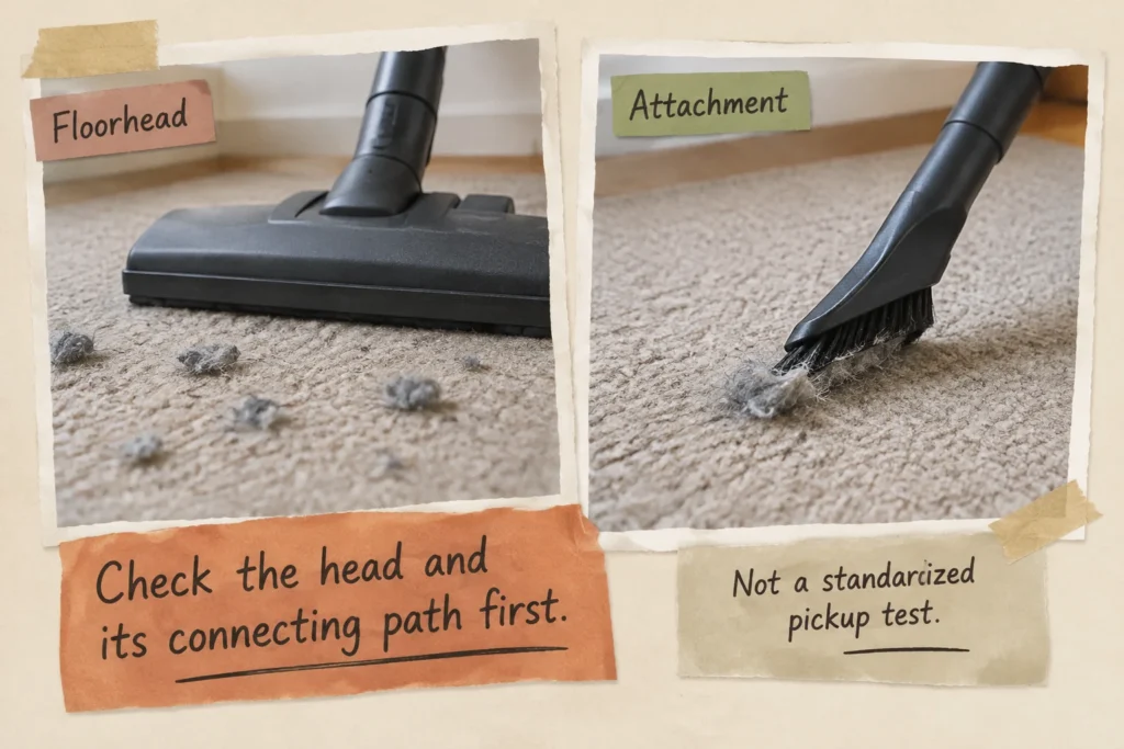 A floorhead leaves lint while a nonmotorized attachment collects comparable lint on the same surface.
