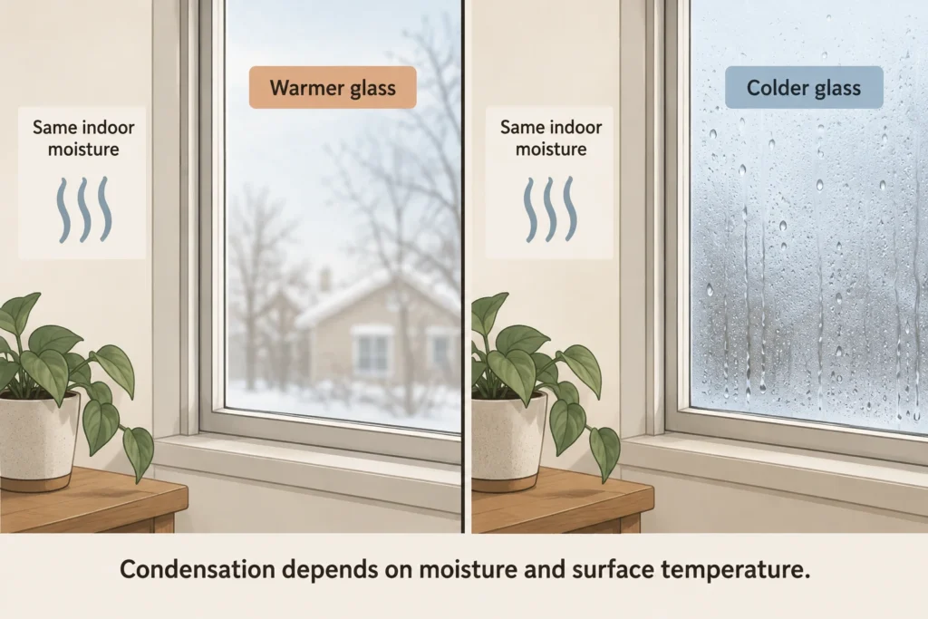 Identical indoor air leaves warmer glass dry but forms droplets on colder glass.