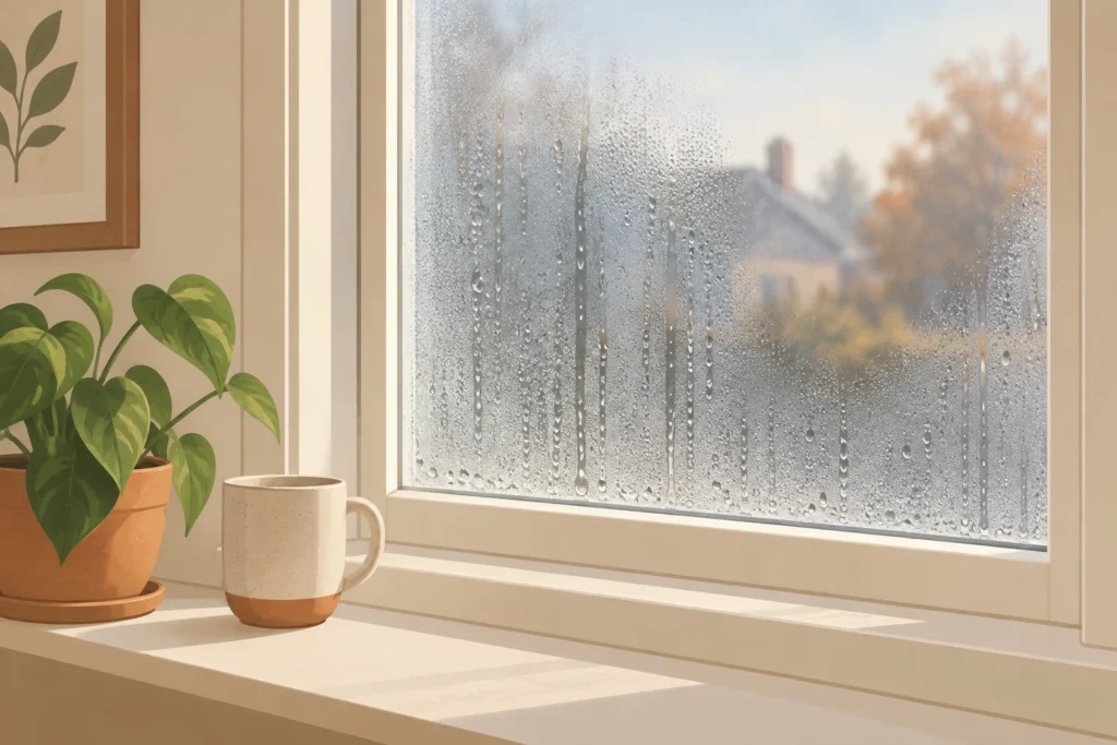 Window cross-section showing room-side condensation, exterior dew, moisture inside sealed glass, and a separate storm-window cavity.