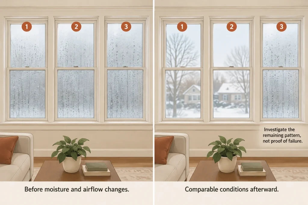 Three wet windows before household changes and one remaining wet window afterward under comparable conditions.